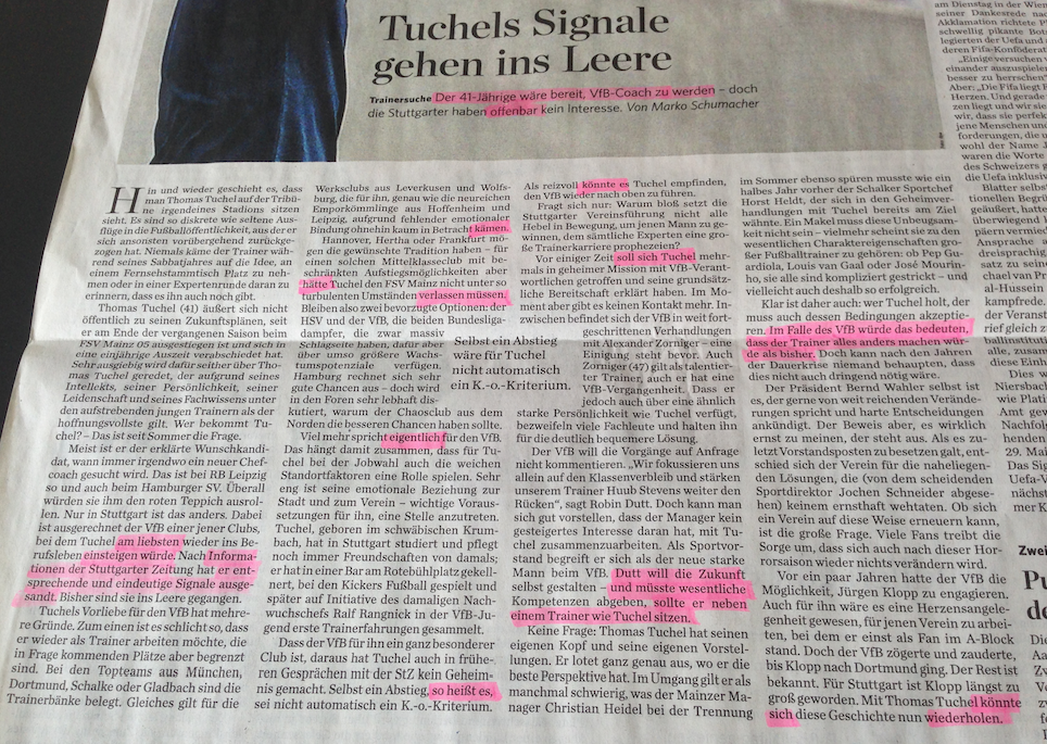 Die vagen und spekulativen Stellen im Text der Stuttgarter Zeitung sind hervorgehoben. Ich habe sicher welche übersehen.