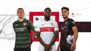 Die Trikots des VfB Stuttgart in der Saison 2020/2021 getragen von Darko Churlinov, Orel Mangala und Dinos Mavropanos